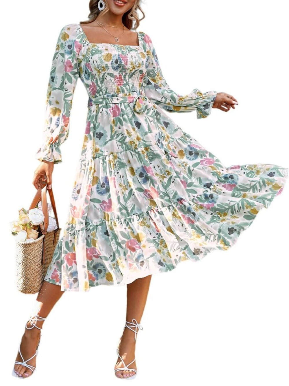 Women's Boho Flowy Long Sleeve Square Neck Floral Midi Dress Smocked Spring Fall
